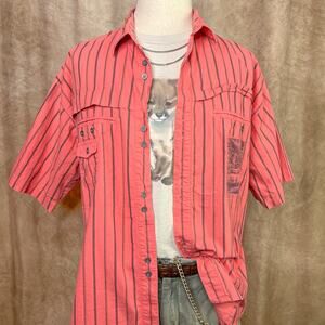 Bugle Boy Striped Shirt Vintage 80s Car Photograph Pink Button Up Retro Beach
